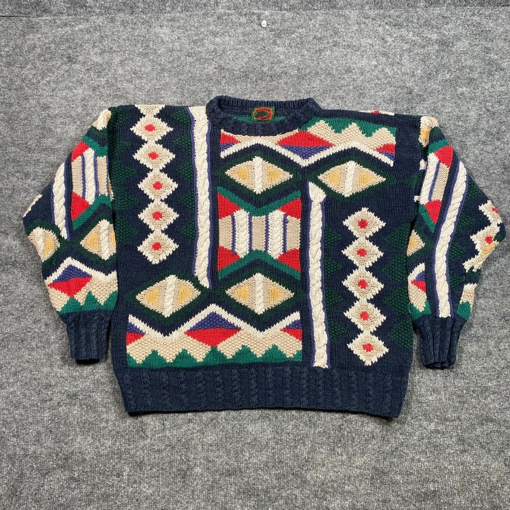 Boston Traders Vintage 90s Geometric‎ Chunky Knit Sweater Mens Large Navy Multi